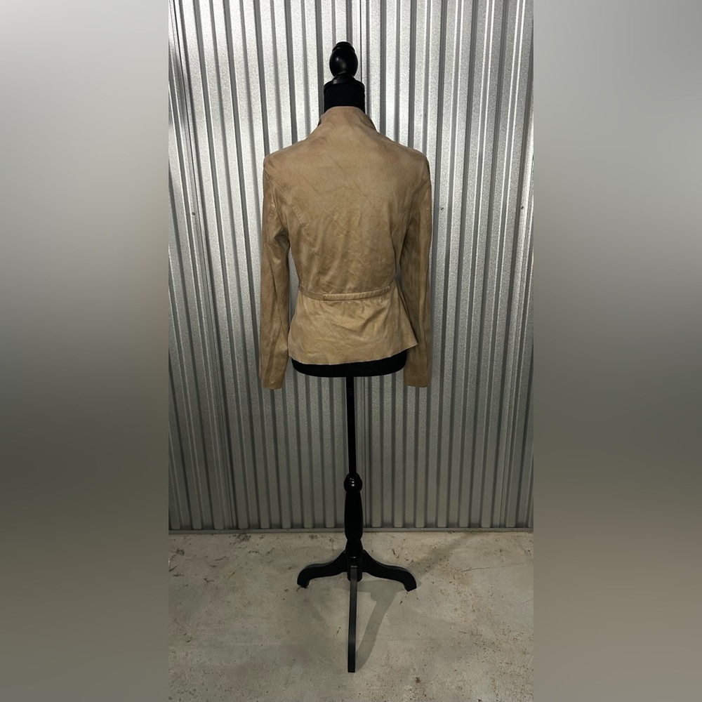 Women’s Joseph Ribkoff Tan Long Sleeve Wrap Faux Leather Jacket Designer Size 12 - Picture 3 of 6